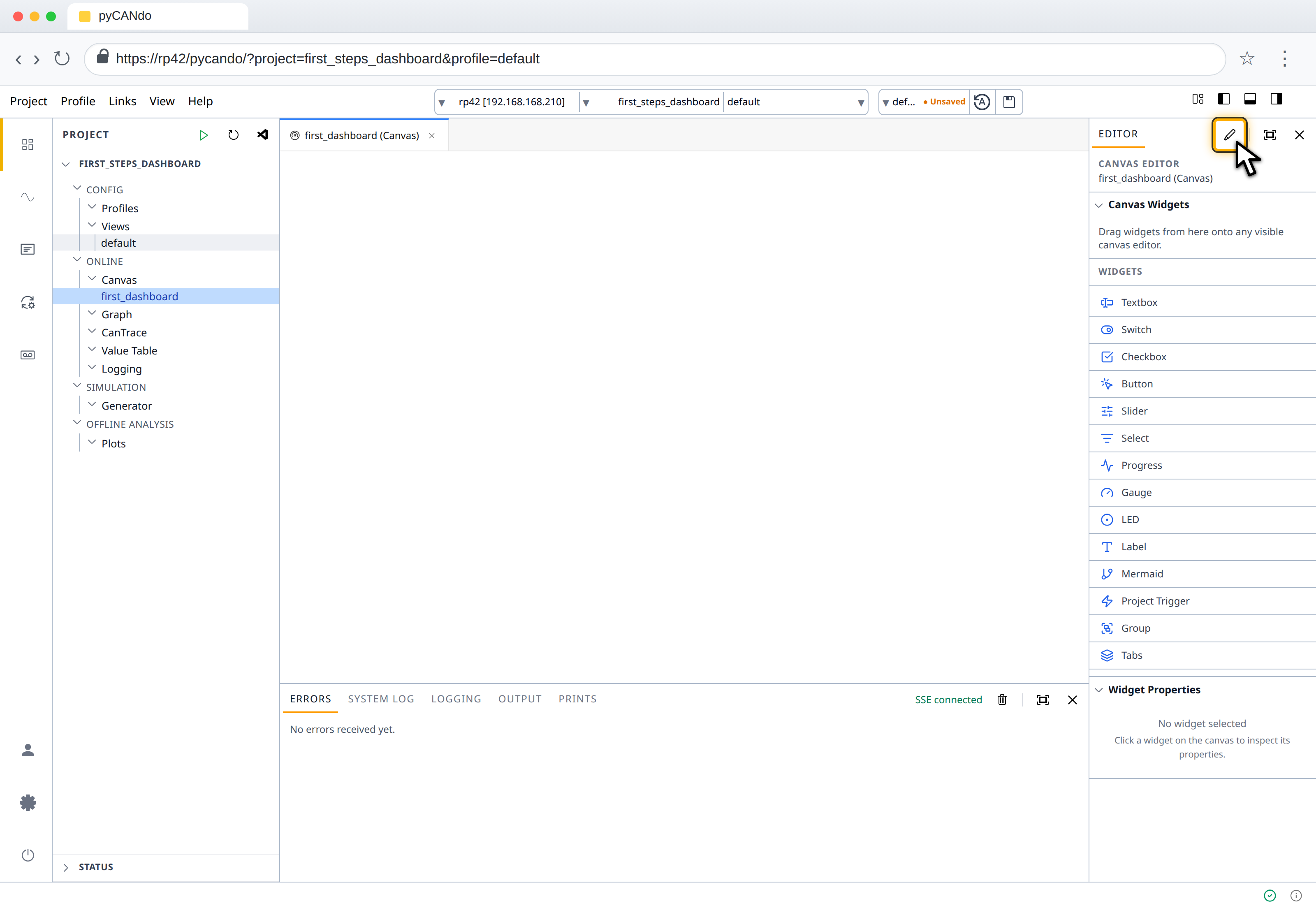 The open first_dashboard Canvas with its edit-mode action highlighted