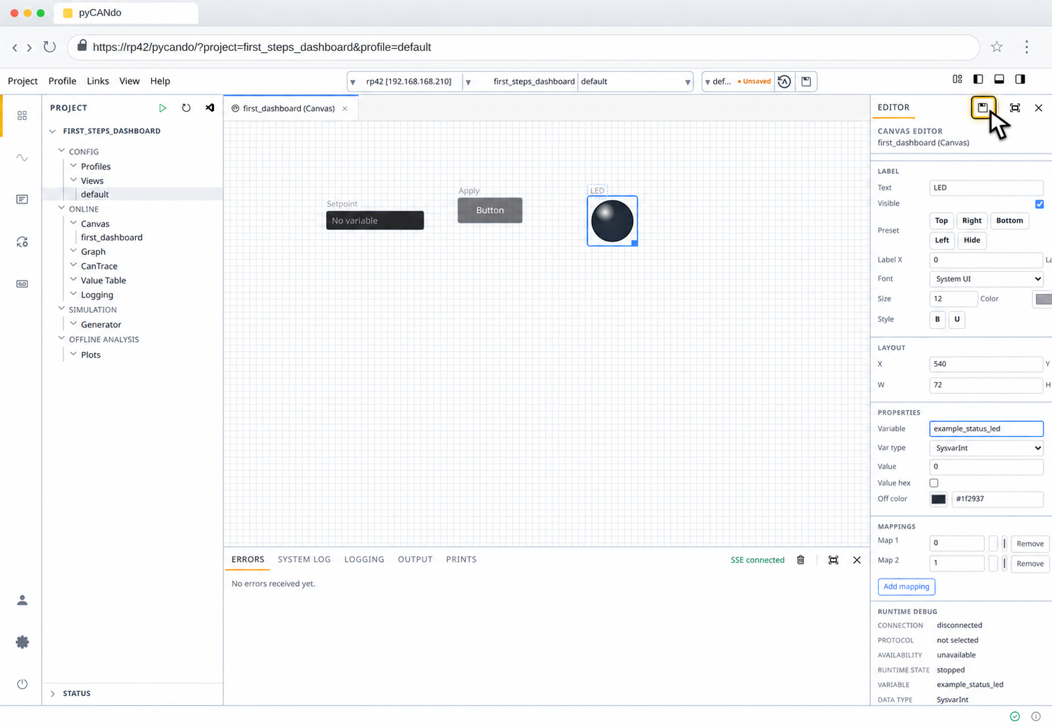 The save action highlighted in the Canvas Editor header