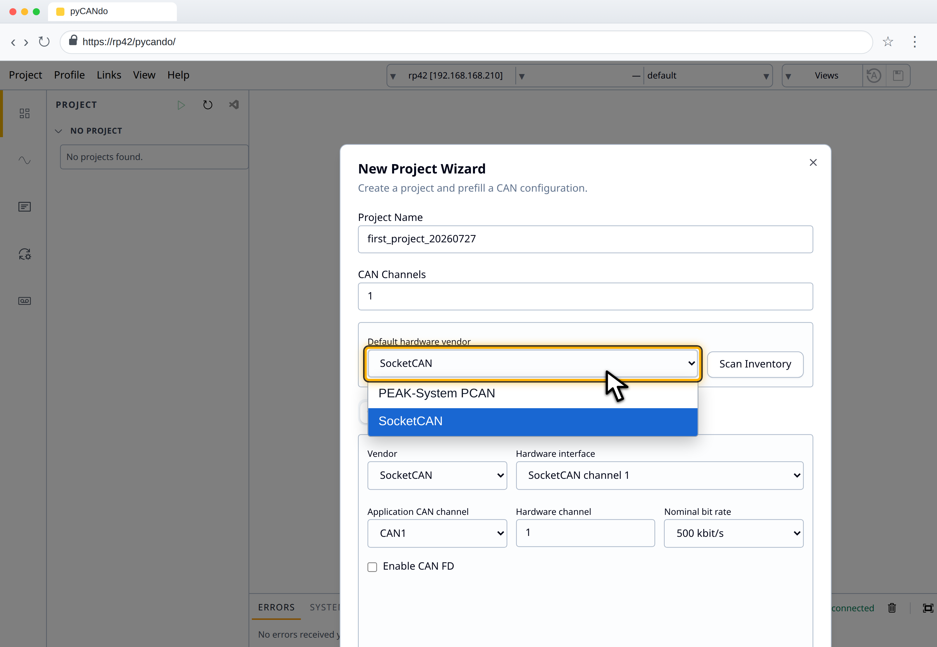 The open project Wizard showing PEAK-System PCAN and SocketCAN with SocketCAN selected