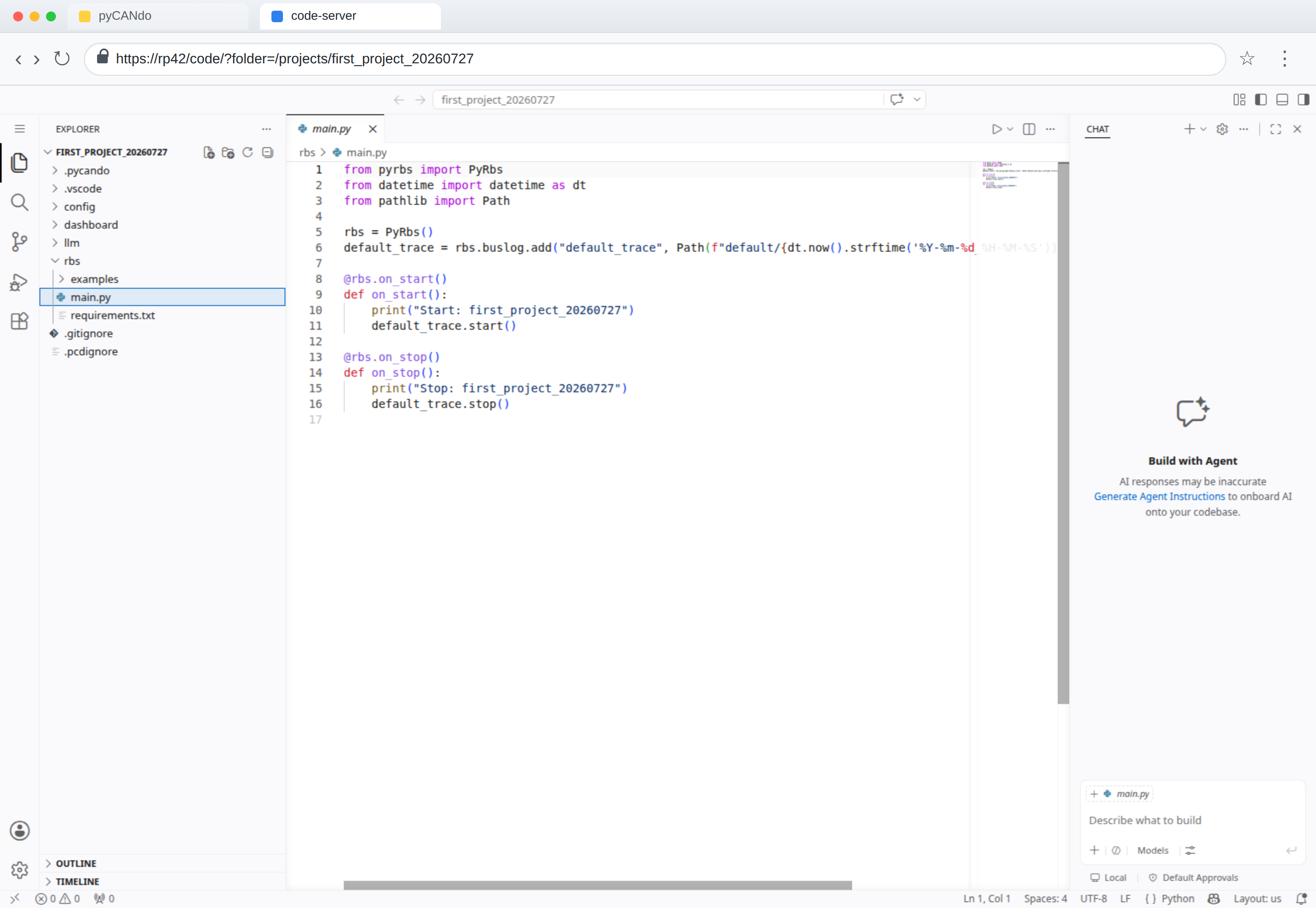 The browser-hosted code-server editor showing rbs/main.py
