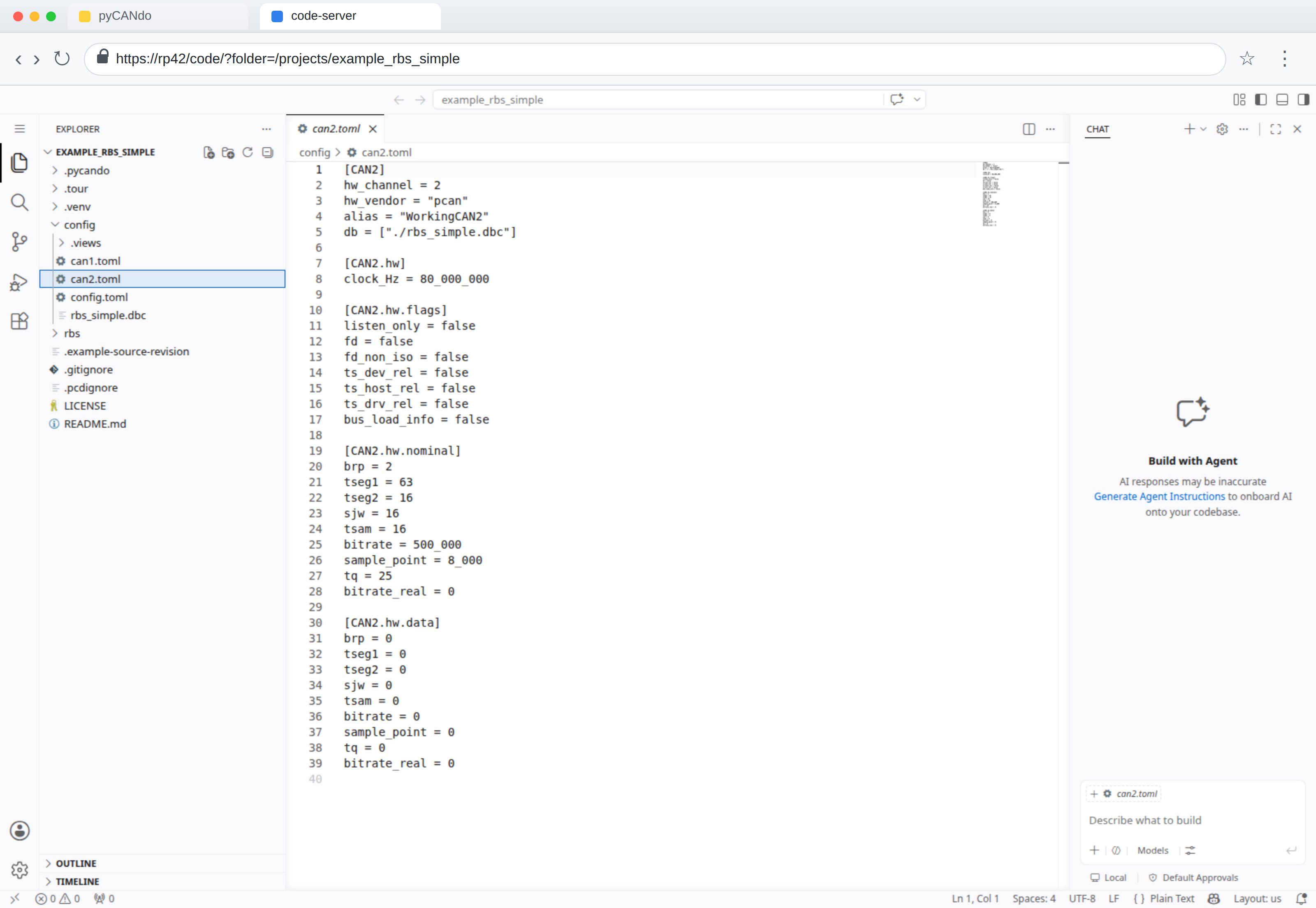 code-server showing the copied and updated config/can2.toml Channel 2 definition