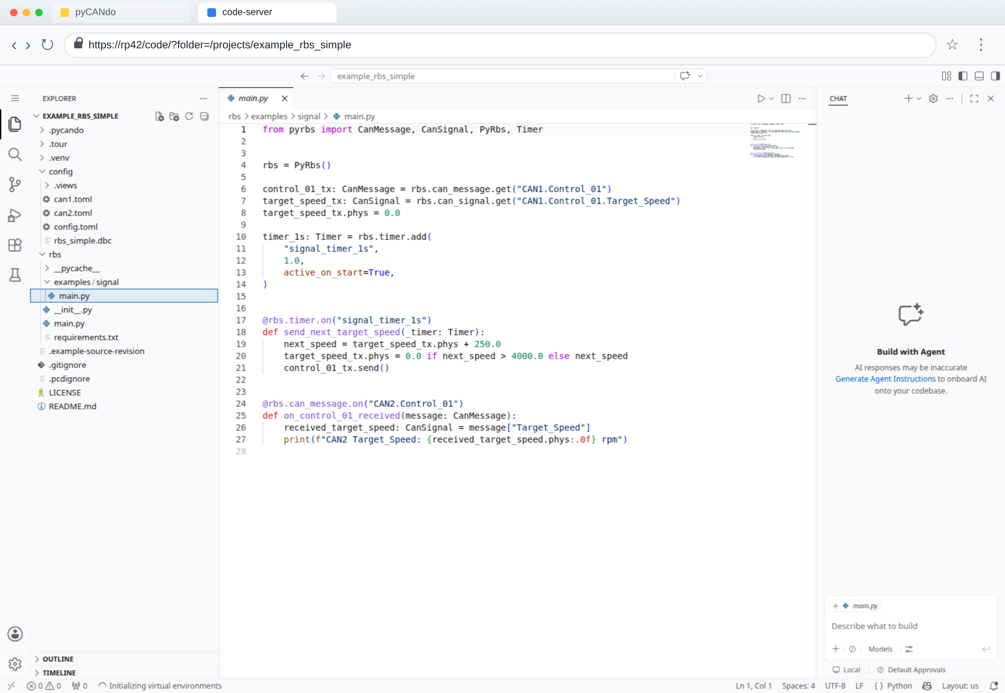 code-server showing the CAN1 to CAN2 Target_Speed signal example