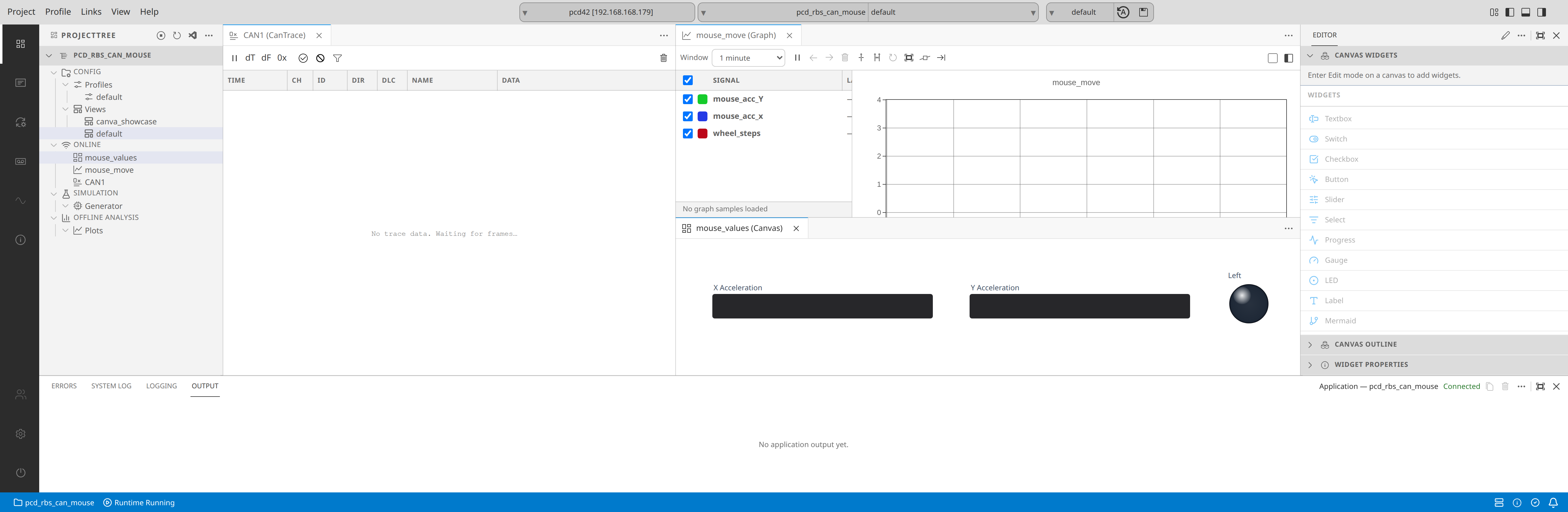 pyCANdo browser workbench with graph, CAN trace, and dashboard editor