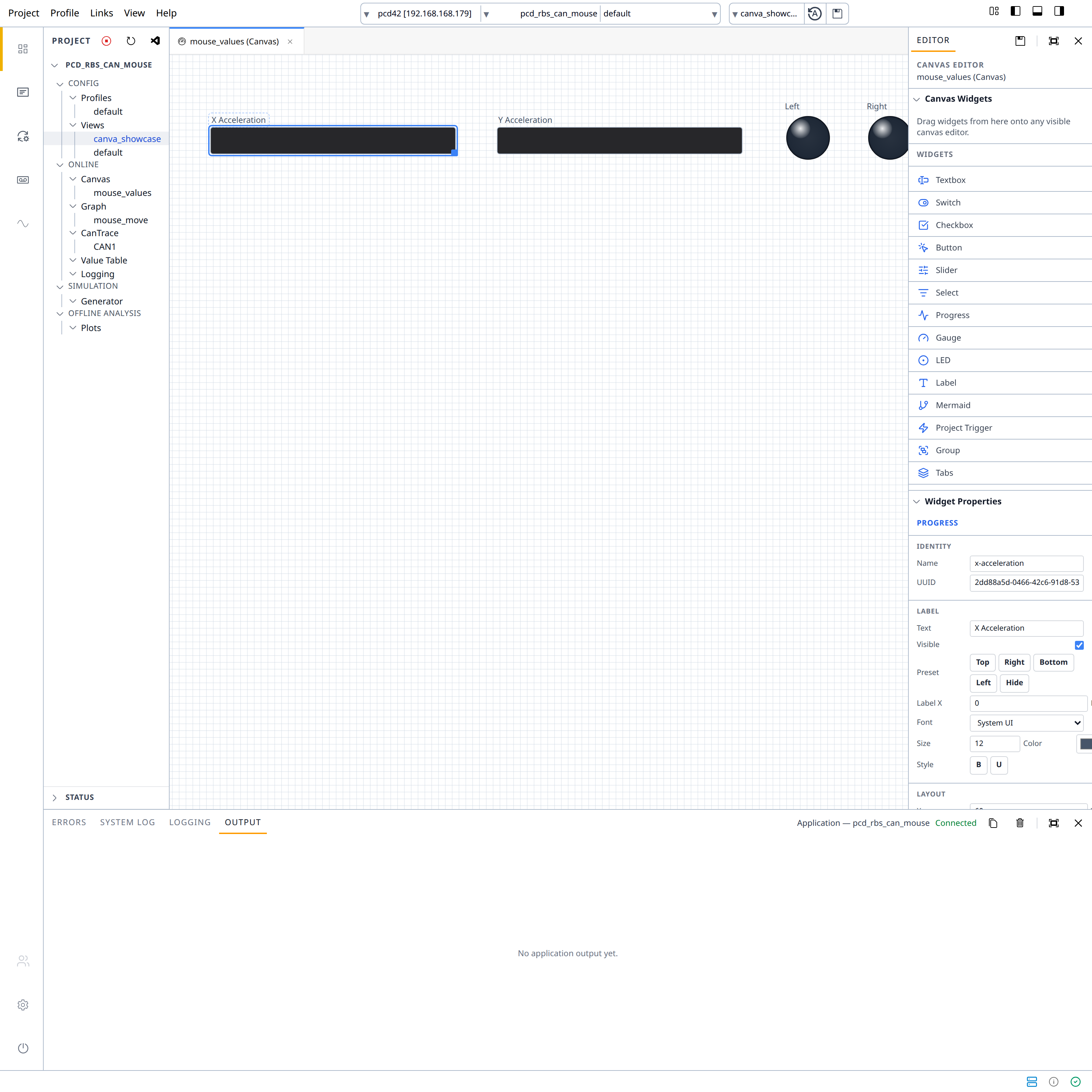 Complete pyCANdo application with a single Canvas workbench showing mouse acceleration bars and button indicators